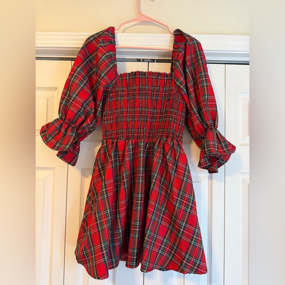 Blue Rain Red Plaid Smocked Puff Sleeve Dress Size M - Picture 2 of 4